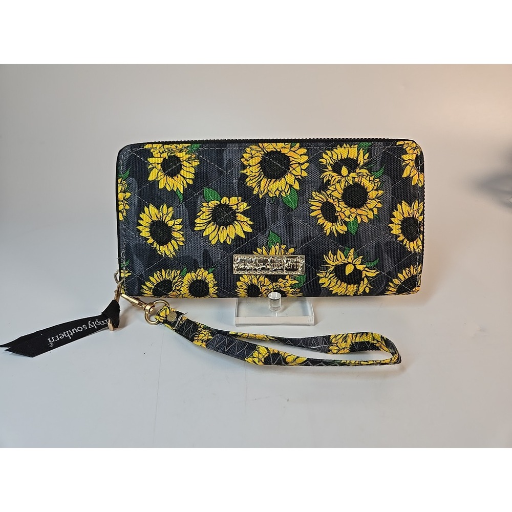 Simply Southern Wallet Wristlet Clutch Quilted Floral Sunflower Black/gray
